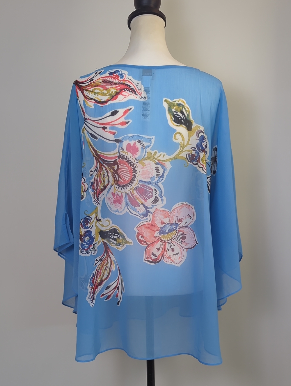 Chico's Watercolor Floral Sheer Poncho Blouse Top Sky Blue L XL - Picture 11 of 14